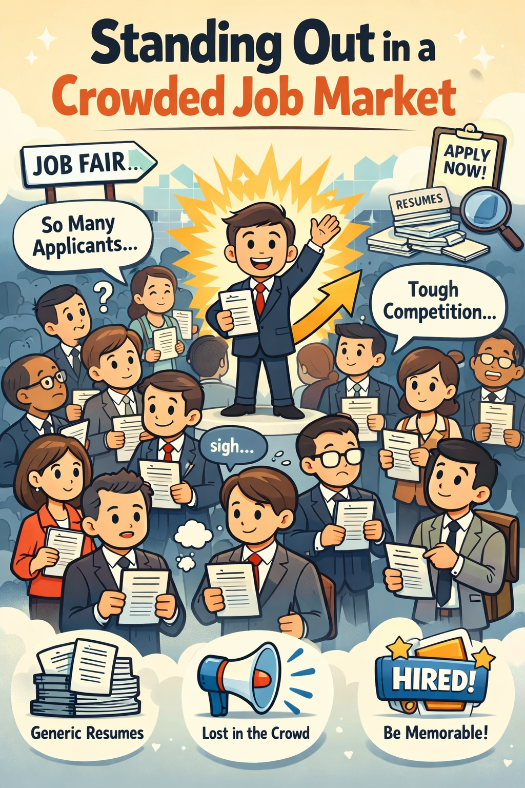 job seekers in a crowded market, one standing out